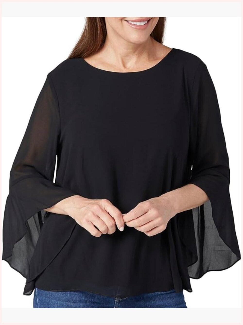 3/4 Ruffle Sleeve Blouse Crew Neck Pull On Top